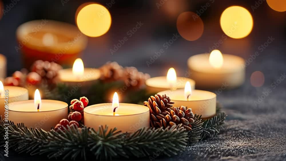 cozy atmosphere of a festive gathering, spruce branches and cones with candles, holiday decorations for christmas cozy atmosphere of a festive gathering, spruce branches and cones with candles, holiday decorations for christmas