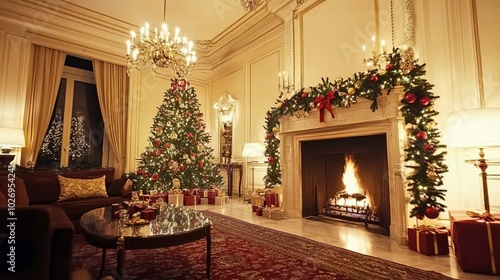 Elegant Christmas Living Room Decor with Cozy Fireplace and Festive Atmosphere