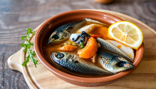 Ukha royally, fish soup, from several varieties of fish, in a clay plate, on a wooden board