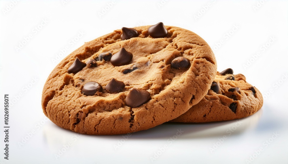 Golden-brown chocolate chip cookie with crisp edges and soft center, isolated on a white background, perfect for ads. Golden-brown chocolate chip cookie with crisp edges and soft center, isolated on a white background, perfect for ads.