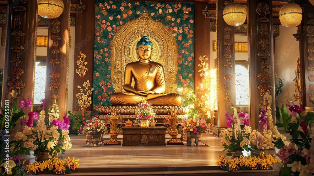 A golden Buddha statue sits in a serene temple, surrounded by flowers and intricate carvings A golden Buddha statue sits in a serene temple, surrounded by flowers and intricate carvings