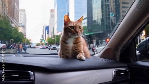 cat riding a car on a busy highway