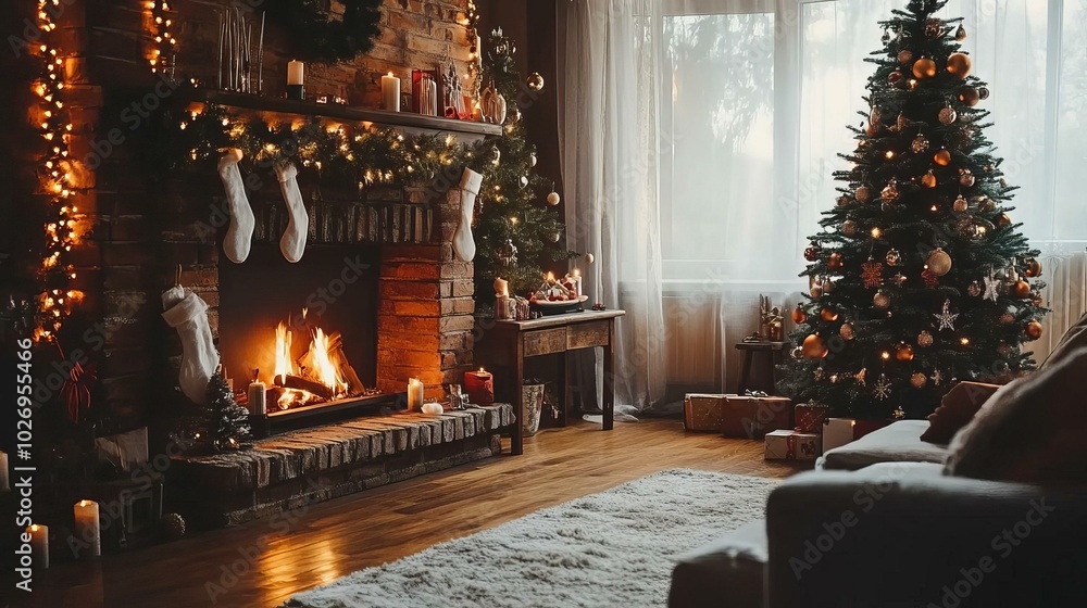 A Cozy Christmas Living Room with a Warm Fireplace and Festive Decor