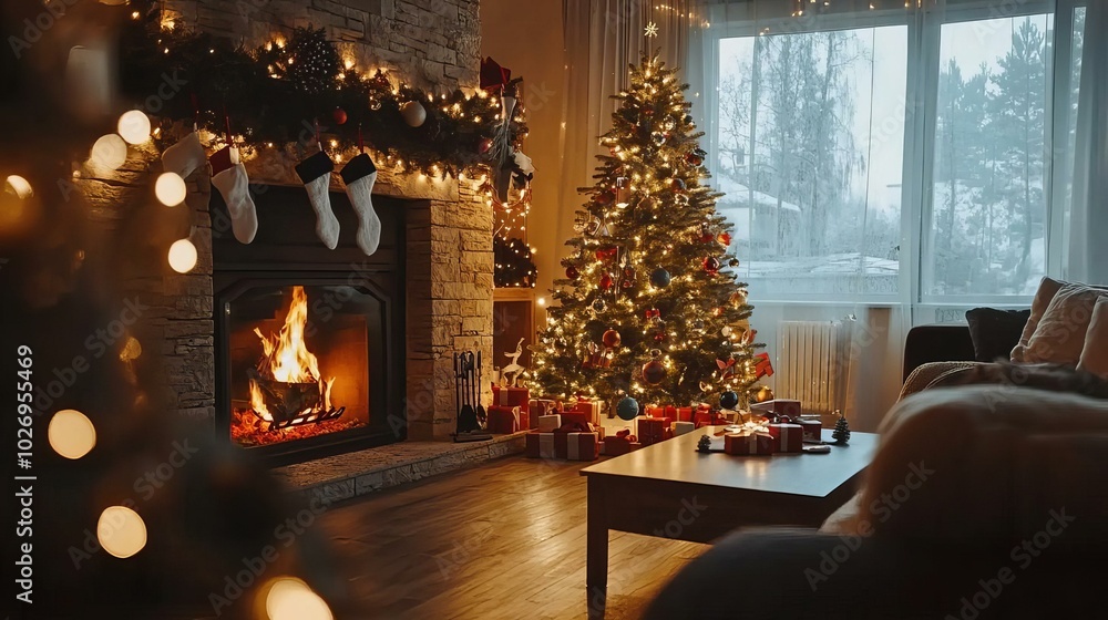 Cozy Christmas Living Room with Festive Decor and Warm Fireplace Ambiance Cozy Christmas Living Room with Festive Decor and Warm Fireplace Ambiance