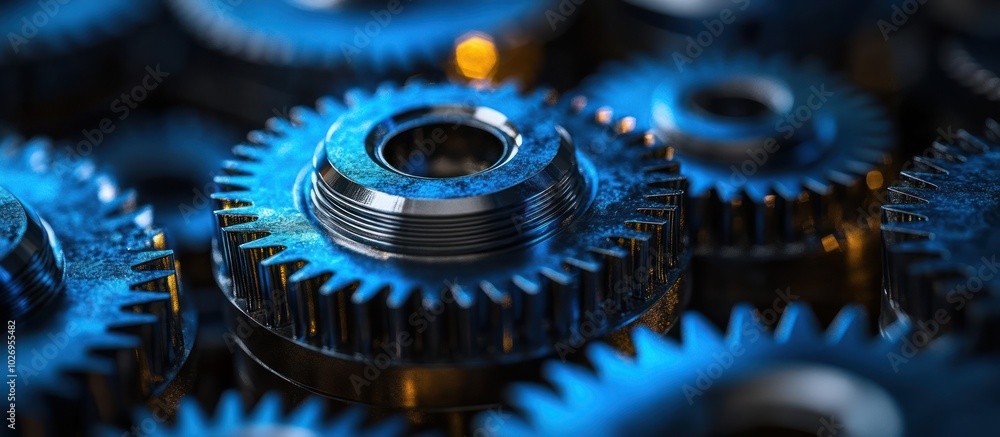 Closeup of blue metallic gears interlocked together. Closeup of blue metallic gears interlocked together.