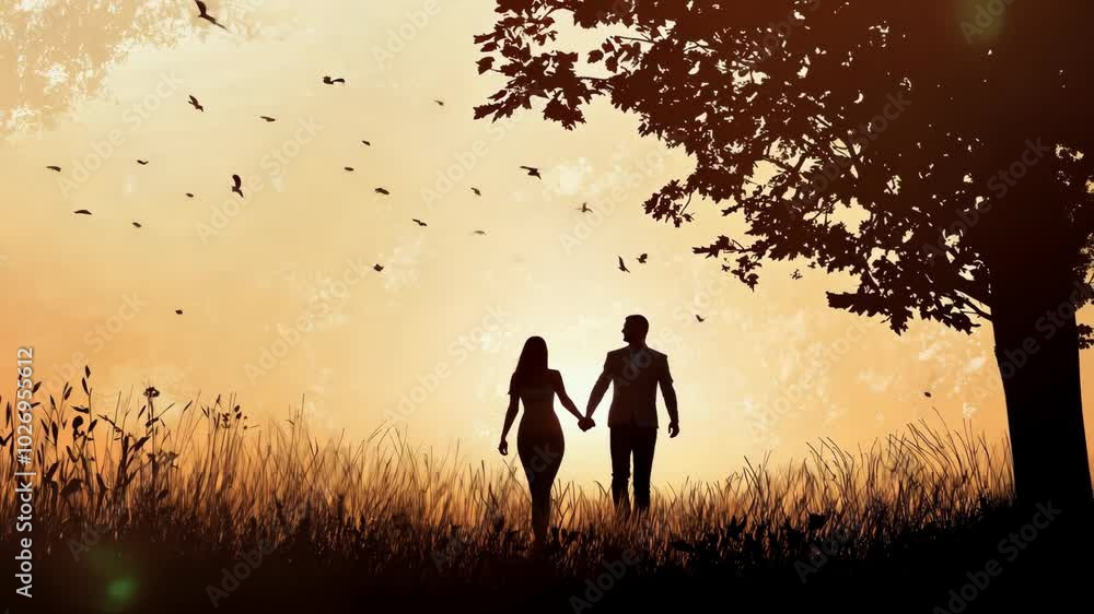 A couple walks hand-in-hand through a field of tall grass, surrounded by birds flying in the golden sunset A couple walks hand-in-hand through a field of tall grass, surrounded by birds flying in the golden sunset