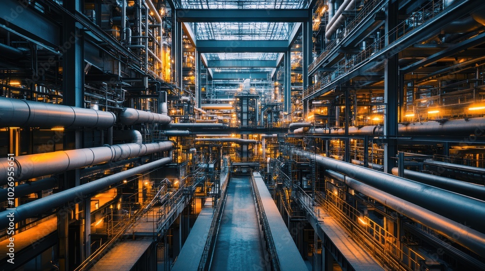 The infrastructure of an industrial plant, including piping, electrical systems, and steel beams, highlighting the complexity of the facility's design. The infrastructure of an industrial plant, including piping, electrical systems, and steel beams, highlighting the complexity of the facility's design.