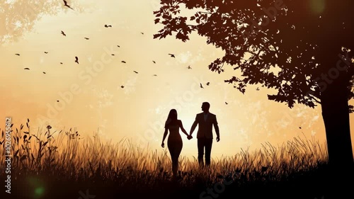 A couple walks hand-in-hand through a field of tall grass, surrounded by birds flying in the golden sunset photo