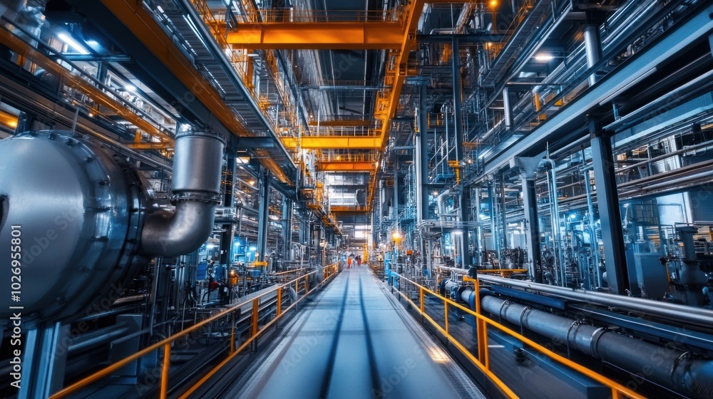 The interior of an industrial plant, with rows of production lines, machinery, and control systems, emphasizing efficiency and organization. The interior of an industrial plant, with rows of production lines, machinery, and control systems, emphasizing efficiency and organization.