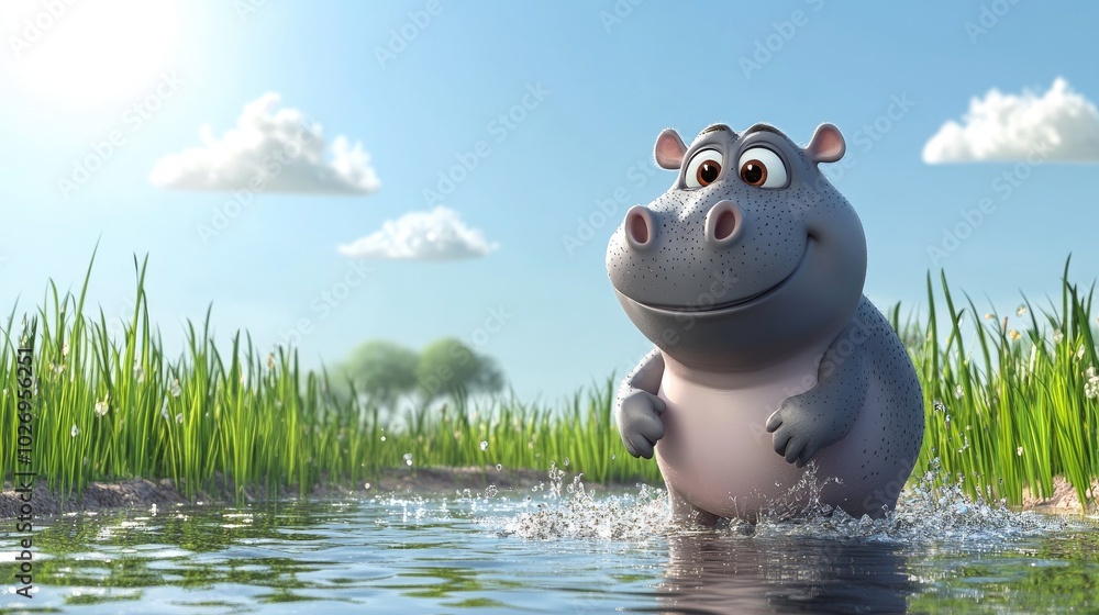 A cute little hippo standing by a shallow water pond, splashing playfully under a bright sun. A cute little hippo standing by a shallow water pond, splashing playfully under a bright sun.