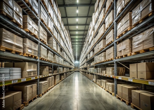 Wallpaper Mural Long Exposure of Cargo Distribution Warehouse Aisle with Cardboard Boxes in an Industrial Freight Shipment Storehouse Torontodigital.ca