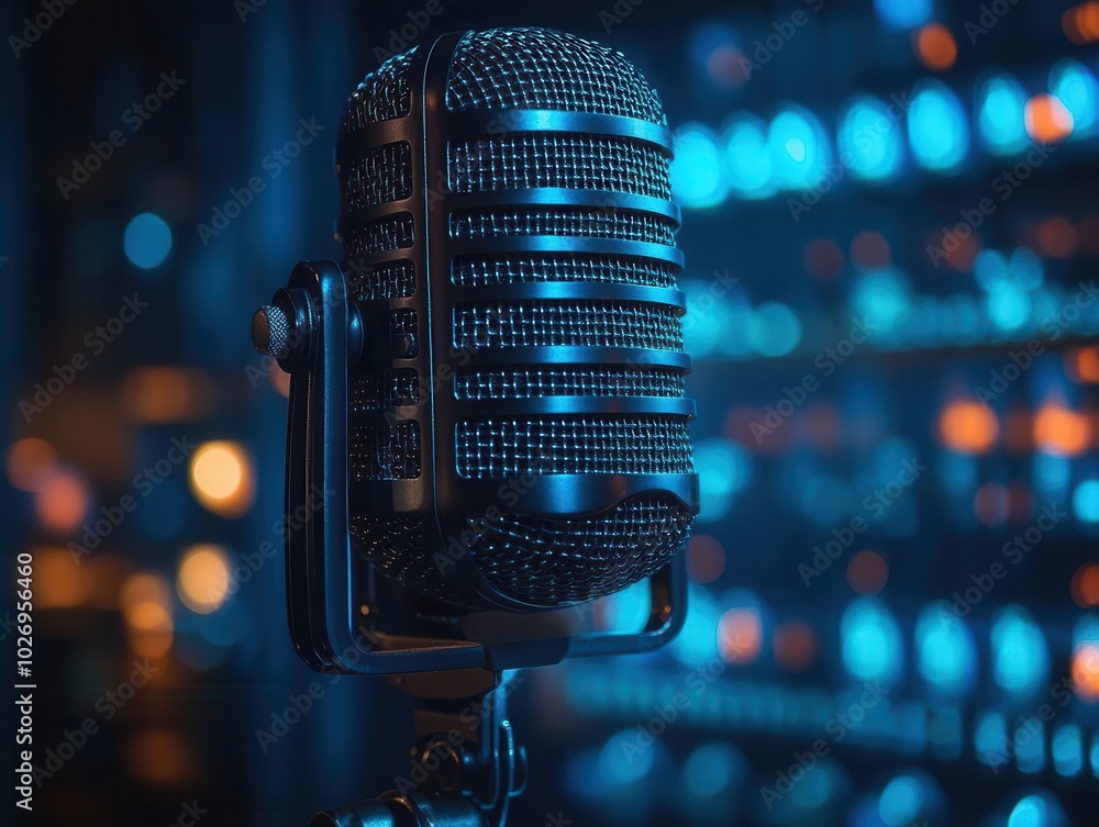 a sleek professional microphone set against a deep blue background, adorned with a waveform pattern, symbolizing a podcast or recording studio, evoking creativity and sound innovation a sleek professional microphone set against a deep blue background, adorned with a waveform pattern, symbolizing a podcast or recording studio, evoking creativity and sound innovation