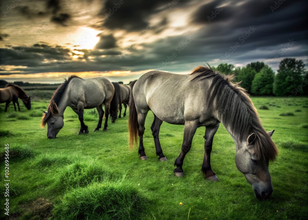 Fototapeta premium Long Exposure of Polish Konik Horses Grazing in Marielyst Nature Reserve, Denmark