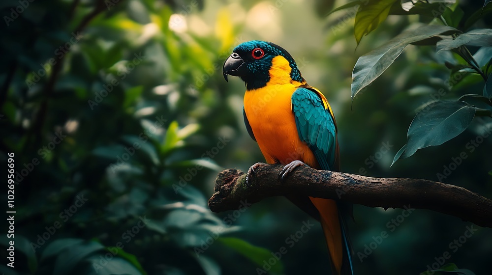 Obraz premium Yellow-Collared Parrot Perched on a Branch in a Lush Green Forest
