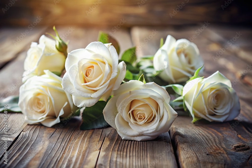 Long Exposure of White Roses on Rustic Wood Table Top for Elegant Floral Photography Long Exposure of White Roses on Rustic Wood Table Top for Elegant Floral Photography