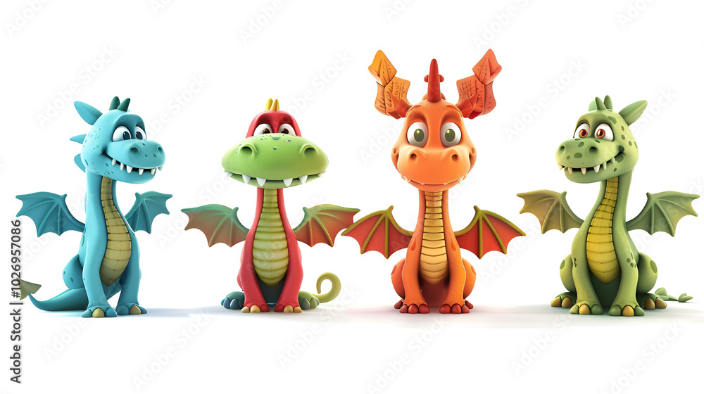 Fototapeta premium Set of dragon cartoon characters isolated on a white background