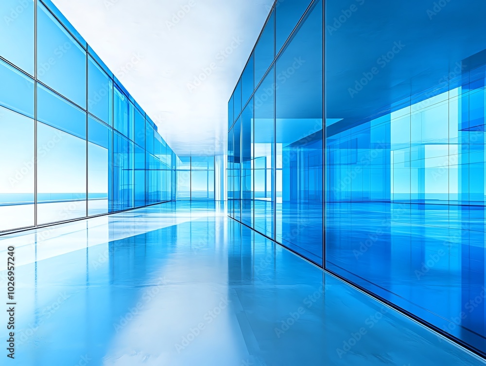 Modern glass hallway with a view of the ocean. Modern glass hallway with a view of the ocean.