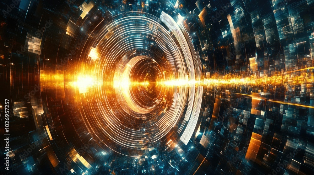 Obraz premium Abstract circular sound equalizer with pulsing waves flowing across the frequency spectrum, dynamic digital art.