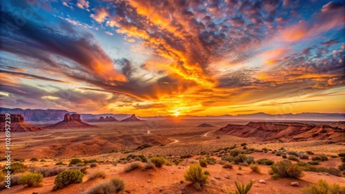 Vibrant sunset over the rugged desert landscape, Sunset, desert, sky, colors, vibrant, twilight, horizon, sand dunes, arid