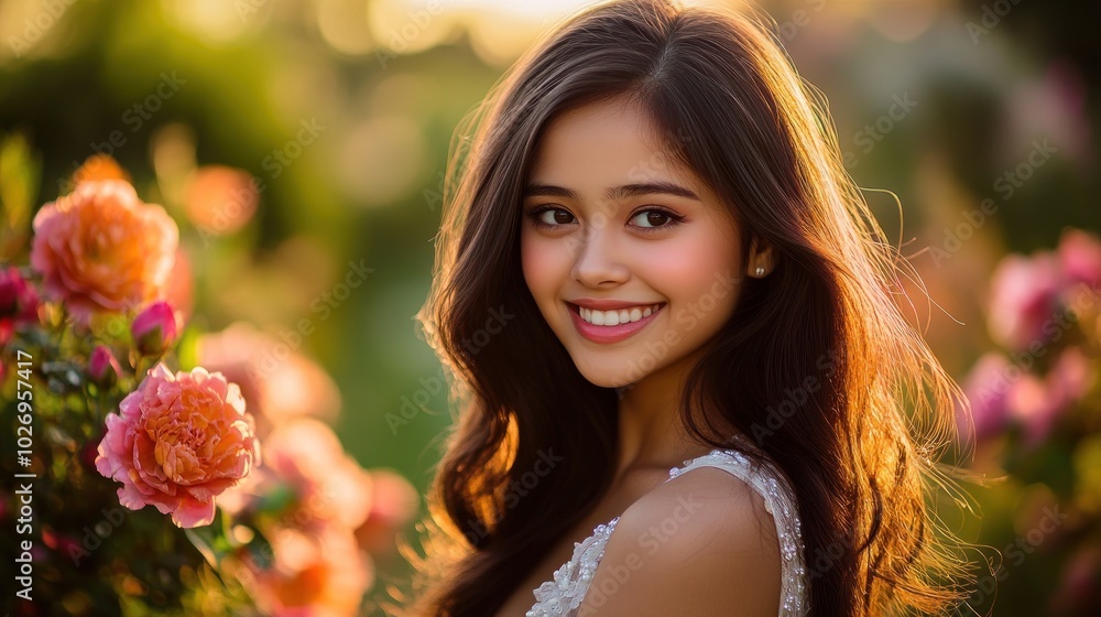A young woman smiling amidst blooming roses in a sunlit garden. A young woman smiling amidst blooming roses in a sunlit garden.