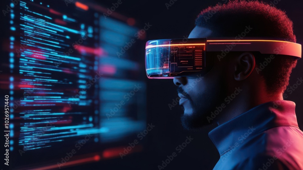 CEO reviewing strategic reports on a virtual screen with augmented reality glasses, data streams flowing around, vibrant colors, hightech office, Cyberpunk illustration CEO reviewing strategic reports on a virtual screen with augmented reality glasses, data streams flowing around, vibrant colors, hightech office, Cyberpunk illustration