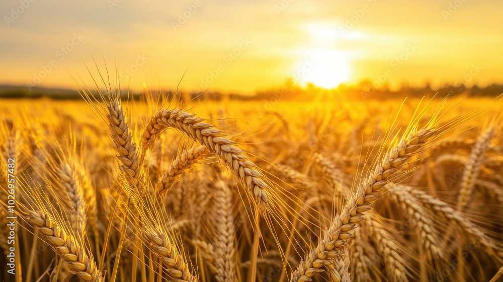 A golden field of wheat stretching into the horizon, gently swaying in the breeze under a bright yellow sunset. A golden field of wheat stretching into the horizon, gently swaying in the breeze under a bright yellow sunset.