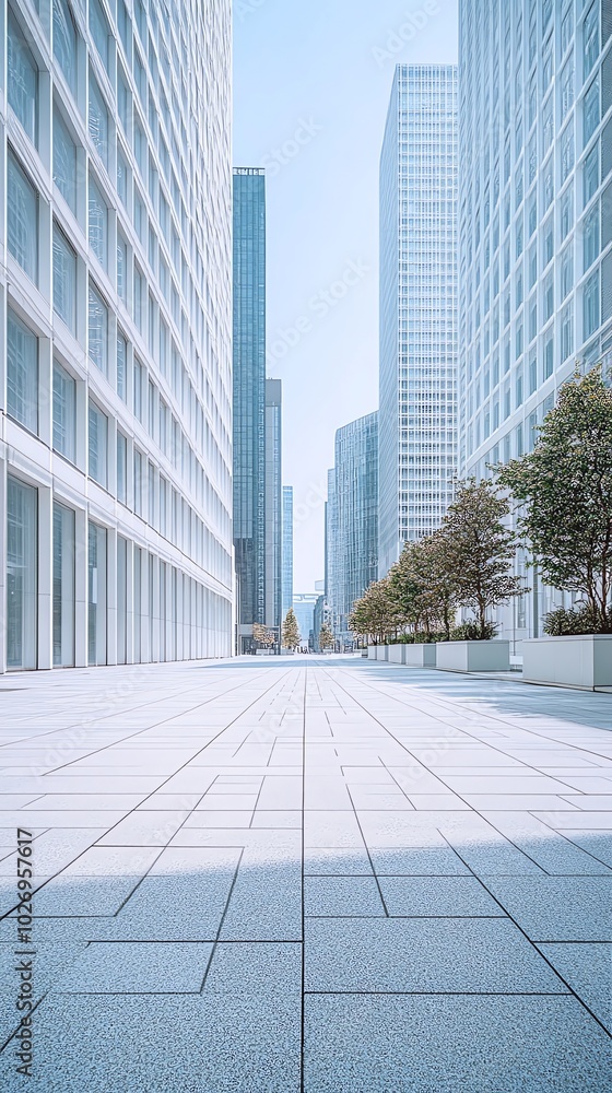 A wide, empty street lined with modern office buildings, a clear blue sky in the background. A wide, empty street lined with modern office buildings, a clear blue sky in the background.