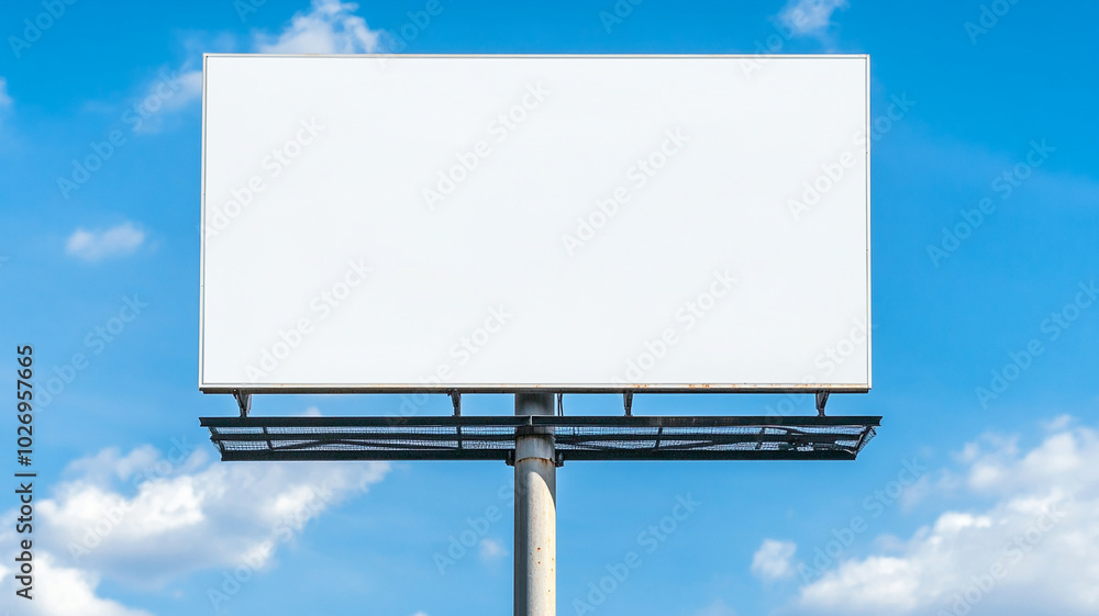 blank white billboard stands tall against bright blue sky, creating striking visual contrast. clear space invites creativity and imagination blank white billboard stands tall against bright blue sky, creating striking visual contrast. clear space invites creativity and imagination