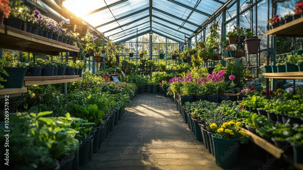 A green greenhouse filled with rows of potted plants, herbs, and flowers, bathed in natural sunlight. A green greenhouse filled with rows of potted plants, herbs, and flowers, bathed in natural sunlight.