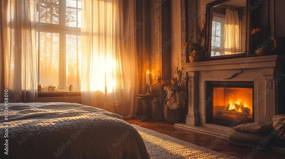 A cozy bedroom with a fireplace glowing softly, sunlight streaming through sheer curtains onto a large mirror
