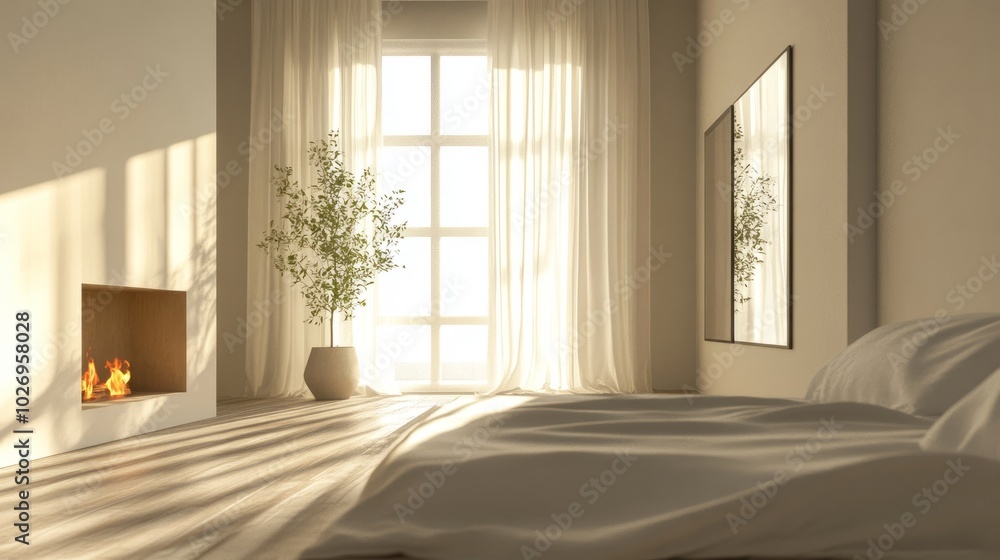 A minimalist bedroom featuring a sleek fireplace, mirror accents, and warm sunlight peeking through curtains. A minimalist bedroom featuring a sleek fireplace, mirror accents, and warm sunlight peeking through curtains.