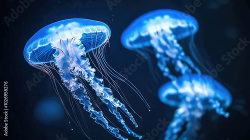 A group of blue jellyfish swimming gracefully in the deep ocean, illuminated by soft underwater light.