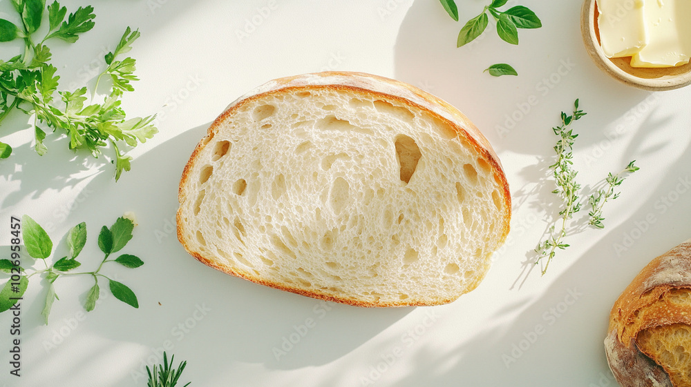 Freshly sliced sourdough bread showcases its airy crumb, surrounded by vibrant herbs and butter, creating delightful culinary scene Freshly sliced sourdough bread showcases its airy crumb, surrounded by vibrant herbs and butter, creating delightful culinary scene
