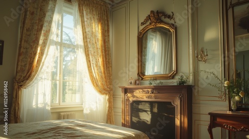 A stylish bedroom with an ornate mirror above the fireplace, sunlight dancing across the curtains.