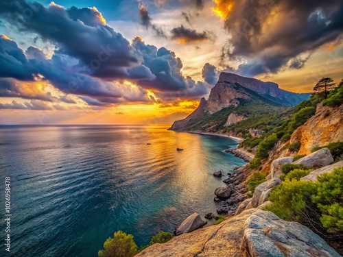 Low Light Photography of the Scenic Coast of Crimea at Laspi Pass with Dramatic Skies photo