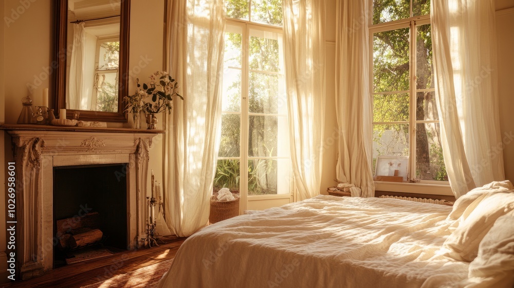 A tranquil bedroom with a fireplace, a mirror above it, and light curtains glowing in the warm morning sun. A tranquil bedroom with a fireplace, a mirror above it, and light curtains glowing in the warm morning sun.