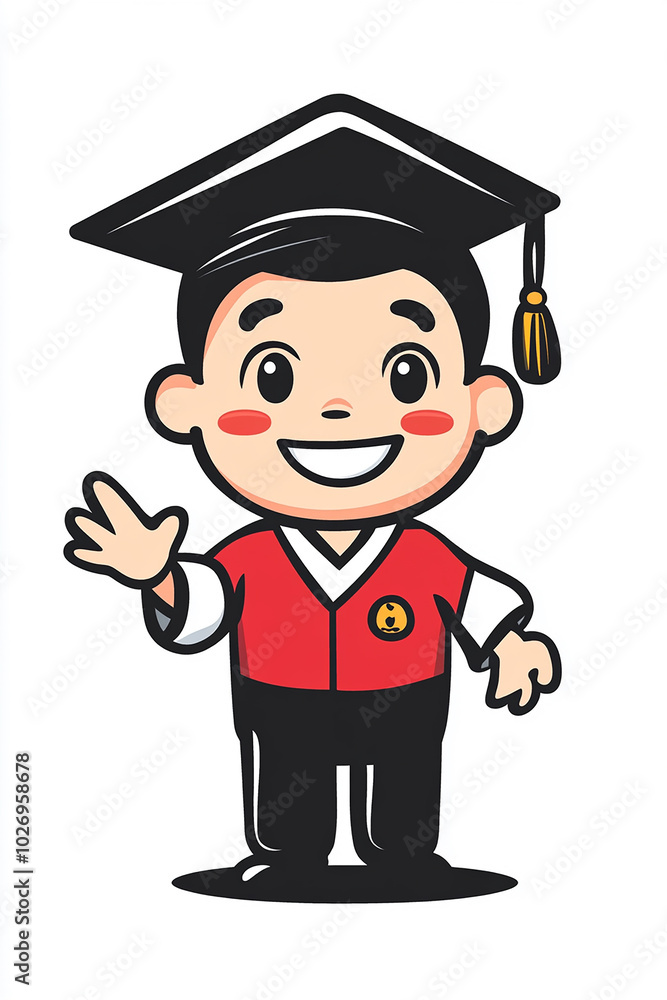 A smiling cartoon graduate in a cap and gown waves his hand. A smiling cartoon graduate in a cap and gown waves his hand.
