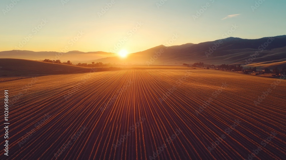 Irrigation systems watering a large farm field at sunrise, promoting sustainable agriculture practices. Irrigation systems watering a large farm field at sunrise, promoting sustainable agriculture practices.