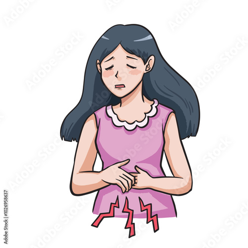 Young adult women with long hair and pink clothes having menstrual cramps or abdominal stomach pain colorful illustration isolated on square white background.