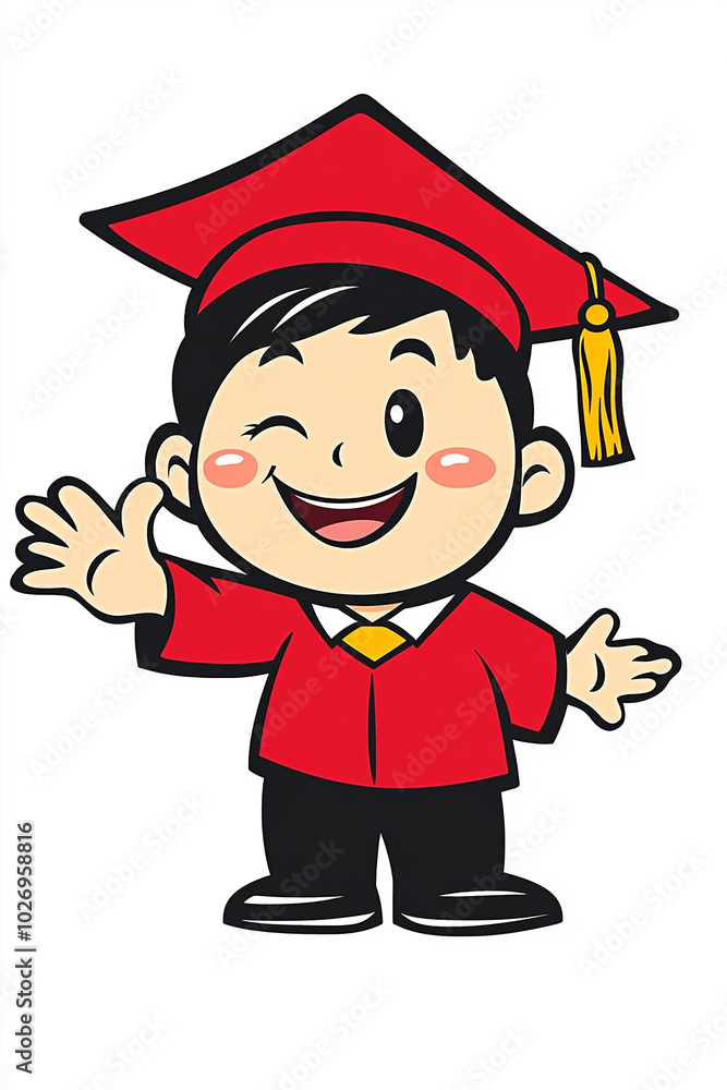 A smiling cartoon graduate with a red cap and gown, winking and waving. A smiling cartoon graduate with a red cap and gown, winking and waving.