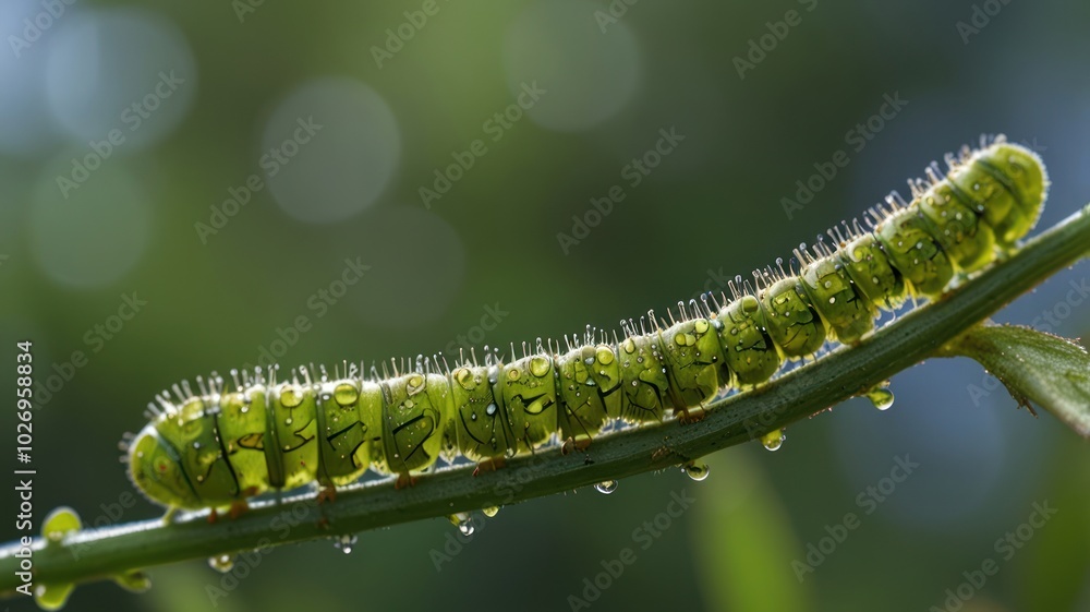 Fototapeta premium A vibrant green caterpillar, adorned with spines, perches on a slender twig.