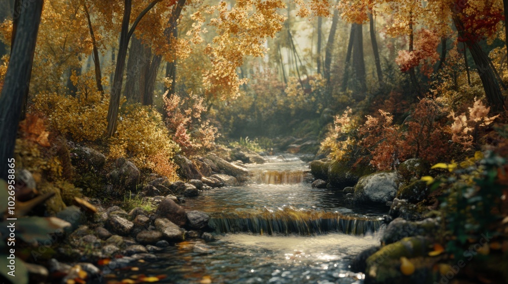 A serene stream flows through a lush, autumnal forest, its waters sparkling in the sunlight. A serene stream flows through a lush, autumnal forest, its waters sparkling in the sunlight.