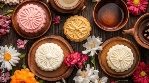 Chinese Mid-Autumn Festival snowskin mooncakes arranged on wooden plates, with a tea set and floral decorations, celebrating tradition.