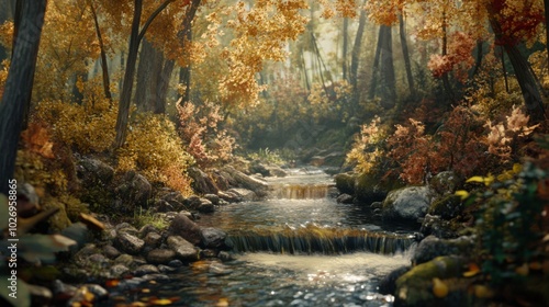 A serene stream flows through a lush, autumnal forest, its waters sparkling in the sunlight.