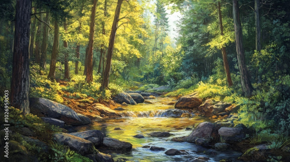 A serene forest scene with a stream flowing through the trees. Sunlight filters through the foliage, illuminating the water. A serene forest scene with a stream flowing through the trees. Sunlight filters through the foliage, illuminating the water.