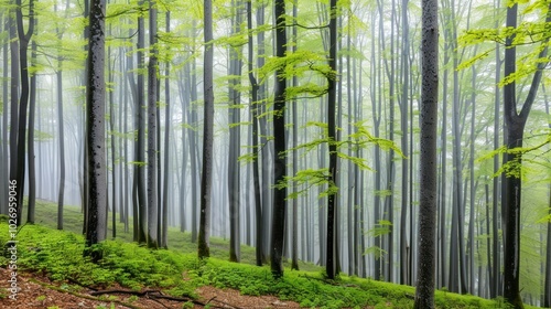 Foggy Forest with Green Undergrowth and Tall Trees