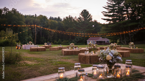 A rustic wedding reception in an open field, with hay bales for seating, mason jar centerpieces, and twinkling lights above. photo