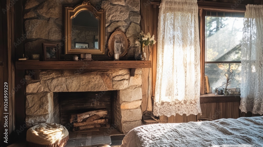 Rustic bedroom with a stone fireplace, lace curtains, and a sunlit mirror on the mantelpiece. Rustic bedroom with a stone fireplace, lace curtains, and a sunlit mirror on the mantelpiece.