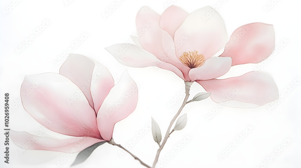 Obraz premium Watercolor magnolia blooms in soft pink and white tones, with minimal branch details, arranged on a light background, exuding a sense of quiet beauty and simplicity 