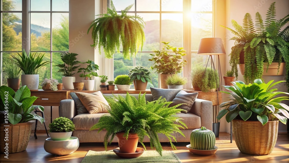 Lush Indoor Oasis: Houseplants Adorning a Cozy Living Room Space Lush Indoor Oasis: Houseplants Adorning a Cozy Living Room Space